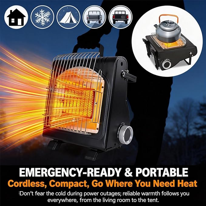 Upgraded 2 In 1 Portable Indoor Butane Heater & Stove with Self Ignition, Safe & Cordless Non Electric Heaters, Butane Emergency Heater for Power Outage, For Camping, Tents, Outdoor (New Black)