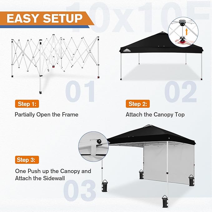 EAGLE PEAK Commercial Canopy 10x10 Pop Up Canopy Tent with 1 Sidewall, Easy Setup Heavy Duty Instant Event Shelter for Vendors & Markets, Outdoor Sun Shade, Black