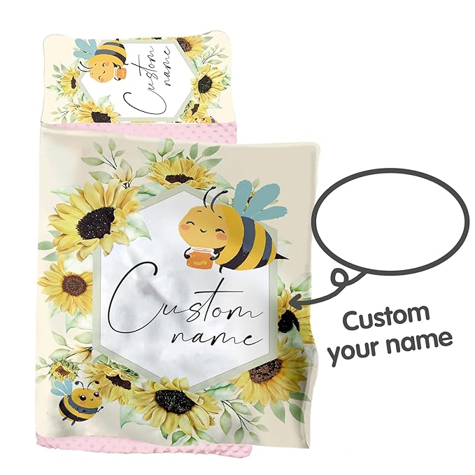 Custom Toddler Nap Mat for Preschool, Personalized Name Kids Sleeping Bag with Yellow Bee Pattern for Daycare, Roll Up Sleeping Mat with Removable Pillow and Soft Dot Minky Blanke for Girls Camping