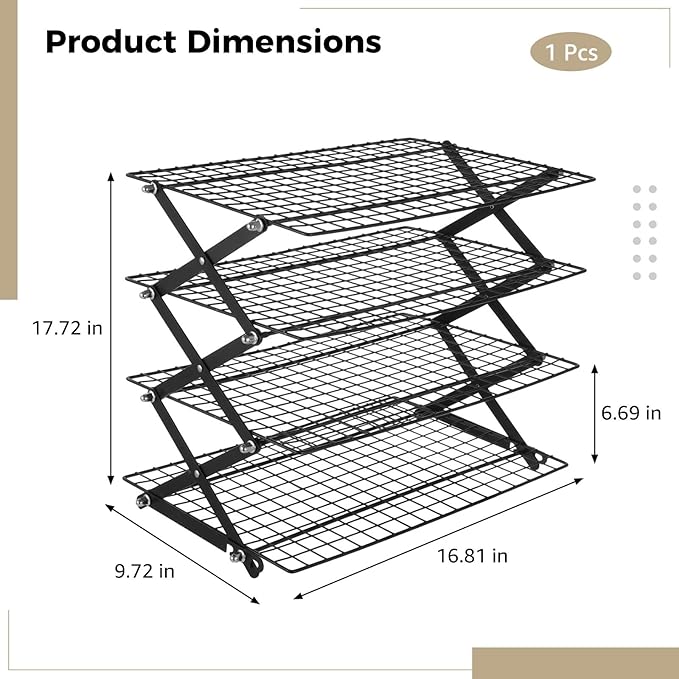 4-Tier Collapsible Cooling Rack, Adjustable Stackable Wire Baking Rack, Iron Wire Rack 17.72 x 9.72 x 16.81 in, Foldable Storage Shelf for Camping Picnic, Roasting Grilling Drying