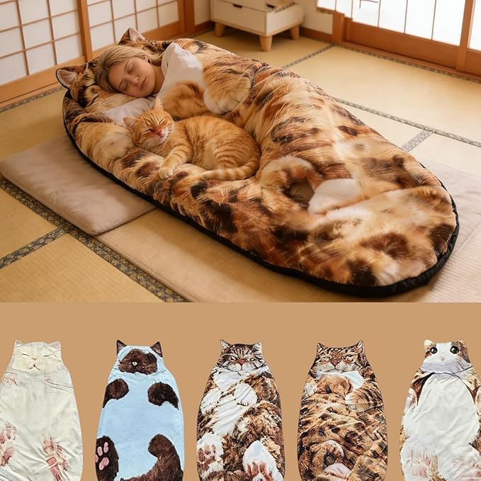 Cat Sleeping Bag - 2026 New Large Cat Shaped Plush Sleeping Bag for Adults, Adult-Size Wearable Washable Warm Blanket for Camping and Home Lounging
