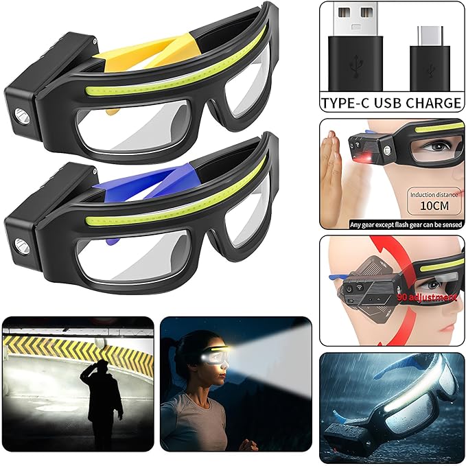 LED Glasses Rechargeable Headlight with Motion Sensor and Touch Control, 5 Modes USB C Lighted Glasses for Running Camping, Fishing, Cycling, Hiking, Hands-Free Lighting (Blue)
