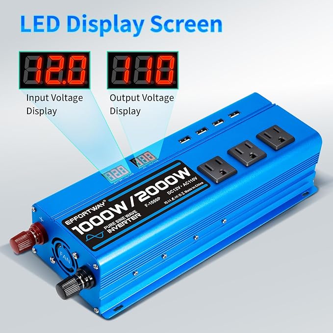 1000W Pure Sine Wave Inverter DC 12V to AC 110V/120V Converter 2000w (Peak) Car Power Converter with 3 AC Outlets, 4USB Port,Power Inverter for Car, Truck, Home, Vehicles, Laptop