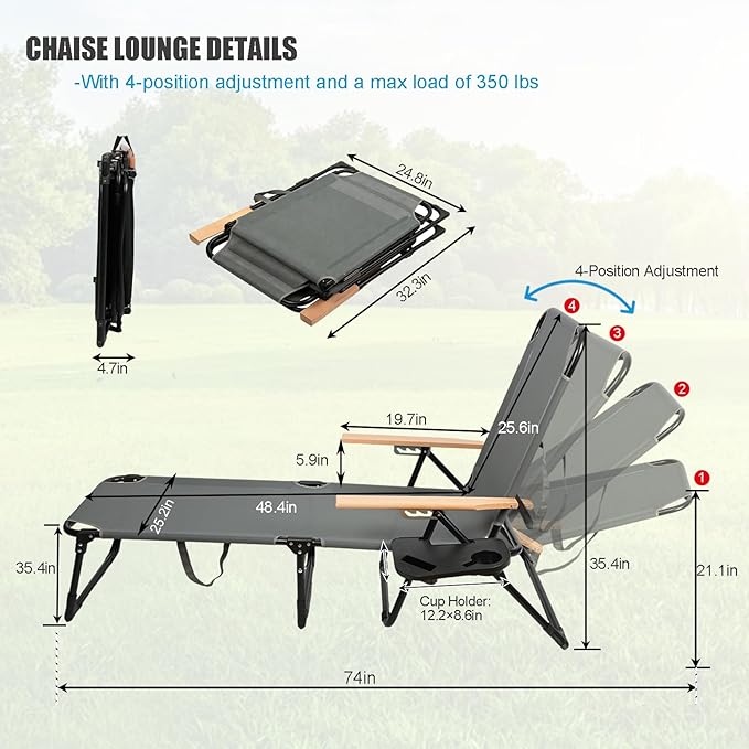 Folding Outdoor Chaise Lounge Chair, Portable Camping Cot with Headrest, 4 Position Beach Lounge with Cup Holders & Wooden Armrests, Sun Tanning Chair for Patio Pool Lawn, Supports 350lbs (Beige)