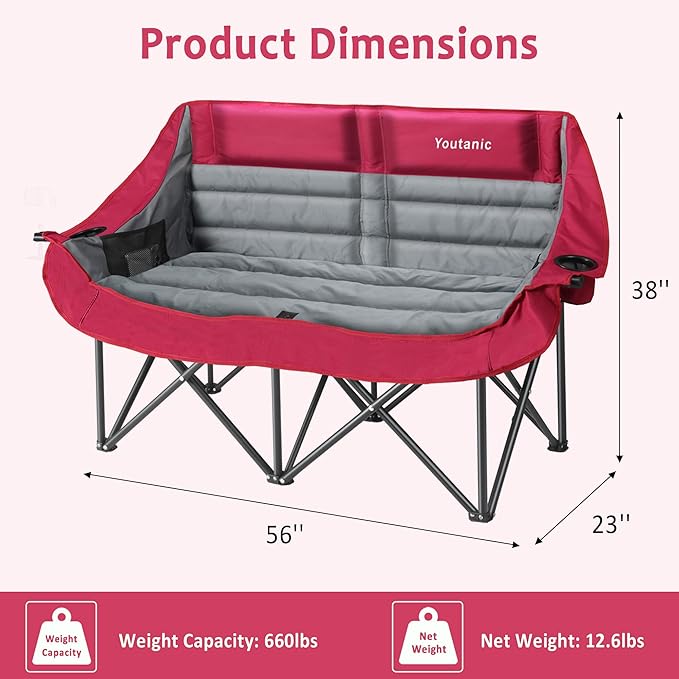 Oversized Double Camping Chair, Folding Loveseat Camping Couch with Pocket, Cup Holder and Carry Bag, Heavy Duty Portable Camping Chairs for Adults, Fishing, Sports, Trip, up to 660lbs, Red