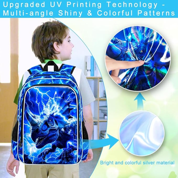 3Pcs Dinosaur Backpack for Boys, 17" Kids Lightning Bookbag for Elementary Preschool Kindergarten, School Backpacks with Lunch Box (Blue)
