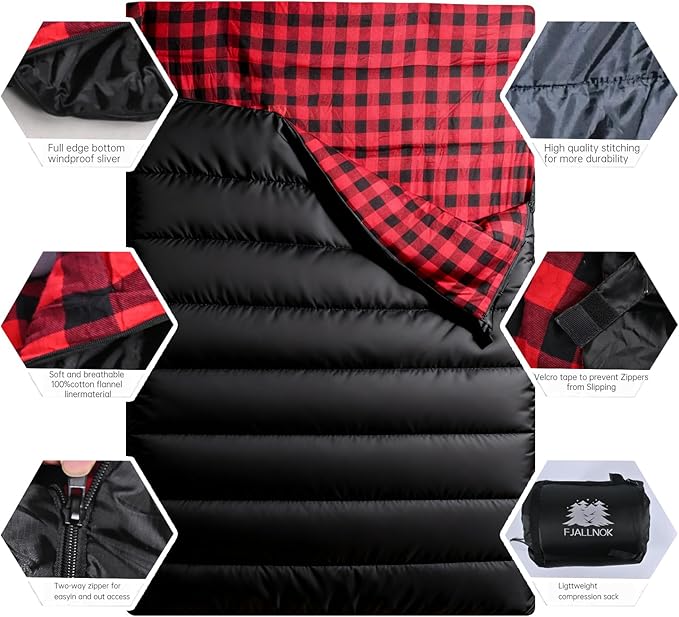 Double Sleeping Bag Cotton Flannel for Camping, Backpacking Or Hiking. Queen Size 2 Person Waterproof Sleeping Bag for Adults Or Teens. Lightweight with Compression Sack