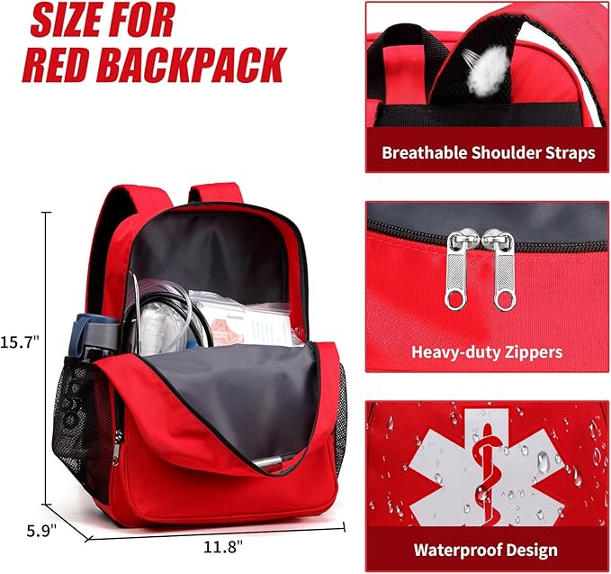 First Aid Backpack Emergency Empty Waterproof Survival First Responder Trauma Bag Travel Home Outdoor Camping (Red)