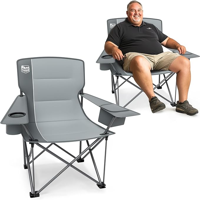 Timber Ridge Oversized Folding Camping Chair for Adults, Support 550 LBS Heavy Duty Chairs with Cup Holder Side Pocket for Camping, Lawn, Picnic, 2 Pack(Grey)