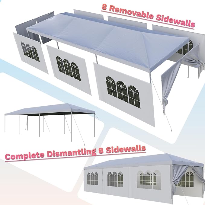 Flamaker 10'x30' Heavy Duty Waterproof Party Tent – Large Outdoor Gazebo with Removable Sidewalls & 2 Doors for Weddings, Markets & Gatherings (White)