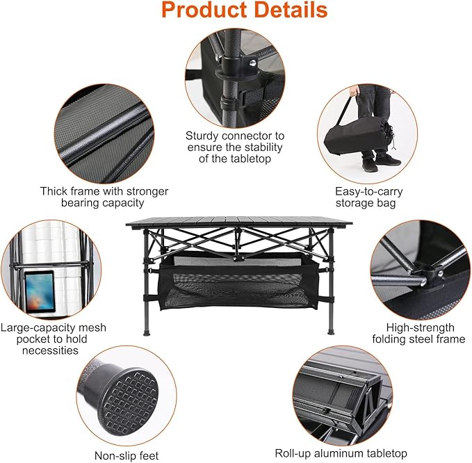 Folding Camping Table, Portable Aluminum Roll-up Lightweight Picnic Table with Large Storage Basket and Carrying Bag for Camping, Picnic, BBQ, Beach, Party, Backyard