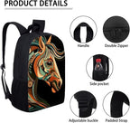 3 PCS Tribal Horse Backpack for Teen Boys 17 Inch Large Capacity Boys Bookbag Age 8-10 Lightweight Teens School Backpack with Lunch Bag for Elementary School Travel Hiking Rucksack