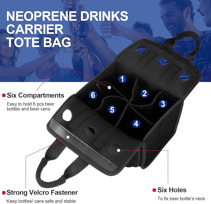 Desing Wish Portable Drinks Tote Bag for 6 PCS Beverage Cans/Bottles, Neoprene Insulated Drinks Can Bottle Carrier Tote Beverages Cans Cooler Bag Holder for Camping, Picnic, Party (Black)