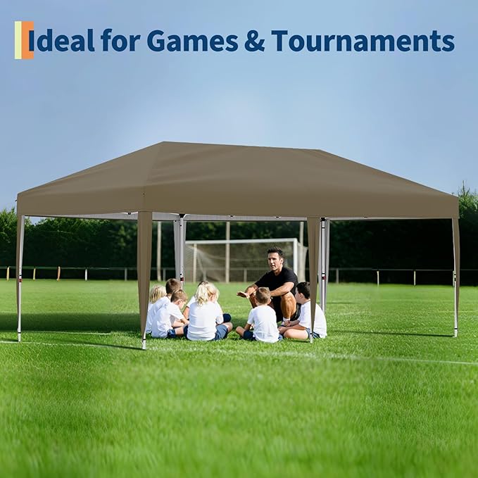 10x20 Pop Up Canopy - Easy Up Camping Tent with One Roller Bag, 3 Adjustable Height, 4 Weight Bags for Deck, Garden, Sports, Beach, Party - Tan