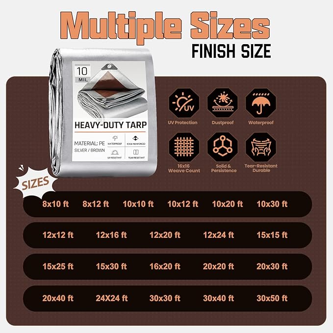 12 x 12 FT Waterproof Heavy Duty Tarp, 10 Mil Thick, Outdoor Furniture Covers, Plastic Insulated Tarpaulin for Camping Tent Roof Boat Patio Pool Cover, Large & Small Multi-Size Tarps, Silver/Brown
