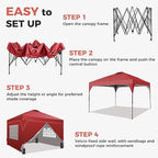 GDY 12x12FT Pop Up Canopy Tent with One Push Setup, Easy to Install with 4-Sidewalls for Events, Parties, Camping, Outdoor Gazebo with 4-Sandbags and Wheel Bag,Red.