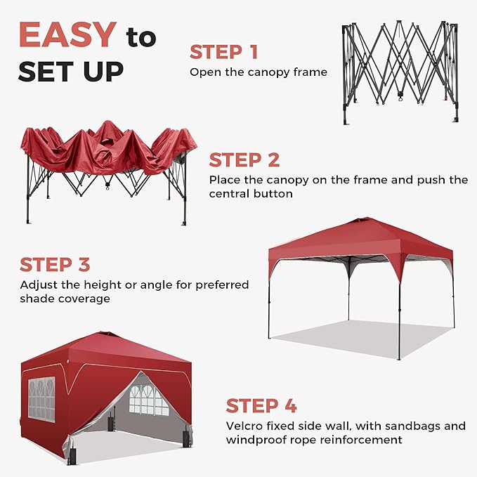 GDY 12x12FT Pop Up Canopy Tent with One Push Setup, Easy to Install with 4-Sidewalls for Events, Parties, Camping, Outdoor Gazebo with 4-Sandbags and Wheel Bag,Red.