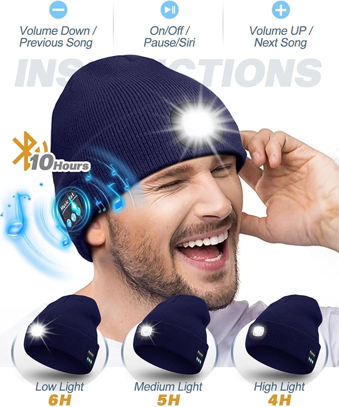 Bluetooth Beanie with Light, USB Rechargeable LED Headlamp Winter Hat, Men Women Valentine's Day Gifts