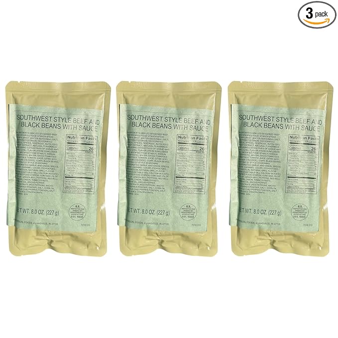 MRE (Meal-Ready-to-Eat) | Single Serving Entree | Emergency Meals | Survival Food | Fresh Dates | Long Shelf Life | Made in USA (3-Pack, Southwest Style Beef and Black Beans)