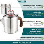 Coffee Percolator Stainless Steel Coffee Maker with Fireproof Solid Wood Handle & Tough Glass Clear Brew Progress Knob Camping Coffee Pot Using on any Stovetop NO Aluminum NO Plastic (6 Cup)
