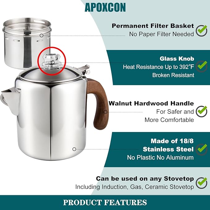 Coffee Percolator Stainless Steel Coffee Maker with Fireproof Solid Wood Handle & Tough Glass Clear Brew Progress Knob Camping Coffee Pot Using on any Stovetop NO Aluminum NO Plastic (6 Cup)