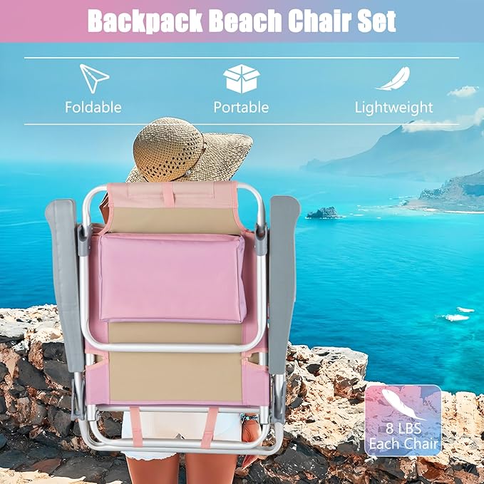 GYMAX Beach Chairs, Backpack Camping Chair with Armrest, Cooler Bag, Cup Holder, Towel Bar & Side Pockets, Sunbath Sling Tanning Lounge, Folding Layout Chair (with Table, Pink)