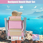 GYMAX Beach Chairs, Backpack Camping Chair with Armrest, Cooler Bag, Cup Holder, Towel Bar & Side Pockets, Sunbath Sling Tanning Lounge, Folding Layout Chair (with Table, Pink)