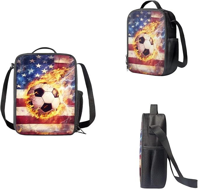 3 Set American Flag and Fire Football Print Backpack Set with Lunch Box and Large Capacity Pencil Case, Kids Book Bag Set for Boys, School Supplies Festival Gift