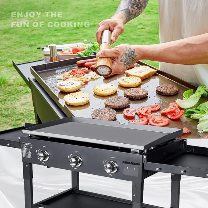 SKOK Foldable Gas Griddle-31.5 Inch Outdoor Propane Griddle, Portable Flat Top Gas Grill -45000 BTU Propane Fuelled, 3 Burners Table Top Griddle Station with Side Shelves