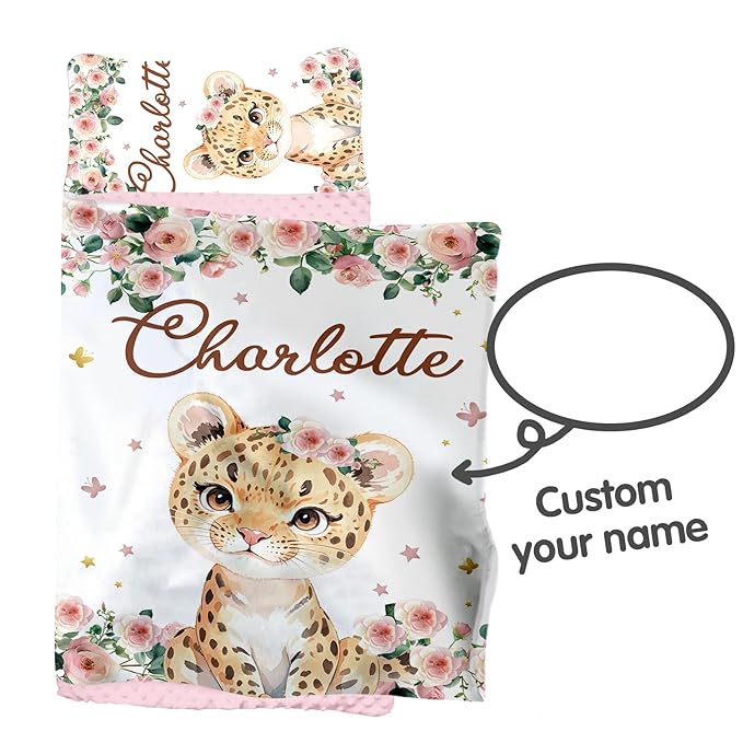 Custom Toddler Nap Mat for Preschool, Personalized Name Kids Sleeping Bag with Foral Leopard Design for Daycare, Roll Up Sleeping Mat with Removable Pillow and Soft Dot Minky Blanke for Girls Camping