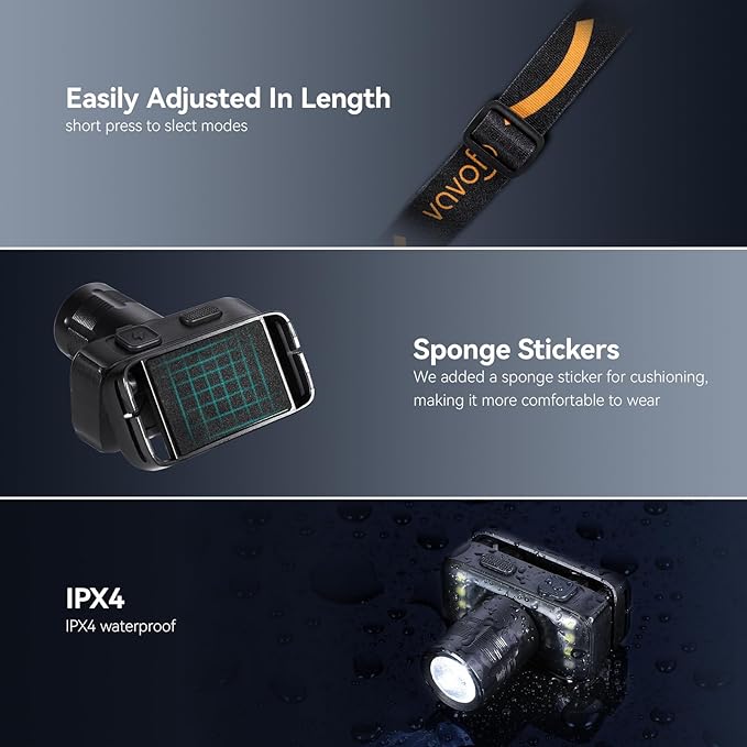 VAVOFO LED Headlamp Flashlight, 500 Lumen Rechargeable Waterproof Outdoor Headlight with Bright White +Red Light, Stepless Dimming, Lightweight, Adjustable Headband, 5 Modes for Camping