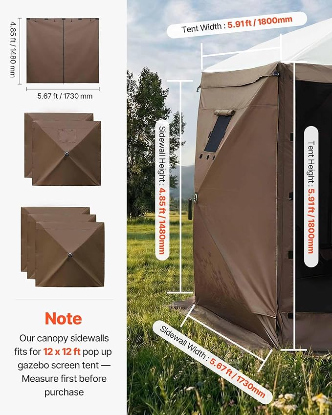 VEVOR 12x12ft Pop Up Gazebo Sidewalls with 2 Window, 3 Solid Waterproof Panels, UV Protection, Wind & Sun Privacy Walls with 1 Zippered Door for Outdoor Events, Compatible with COBIZI Screen Shelters
