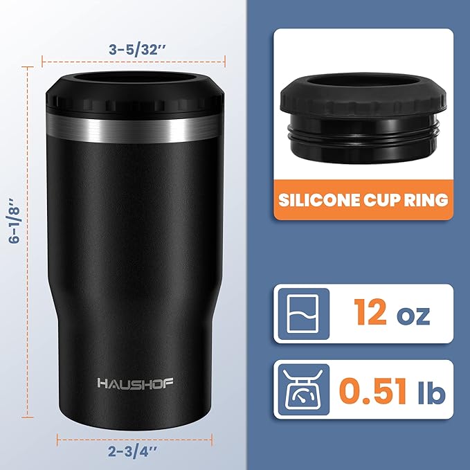 HAUSHOF 12 oz Can Cooler, 4 in 1 Insulated Stainless Steel Can Insulator, Fits for 12 oz Standard Can| Slim Can|12 oz Beer Bottle, Perfect for Camping, Beach, Picnic