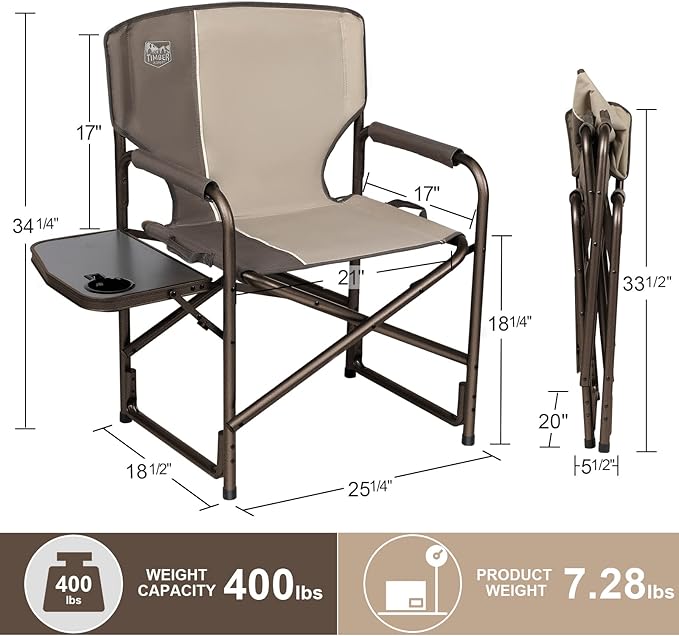 TIMBER RIDGE Lightweight Oversized Camping Chair, Aluminum Directors Chair with Side Table for Outdoor Camping, Lawn, Picnic and Fishing, Supports 400lbs, Tan 2Pack