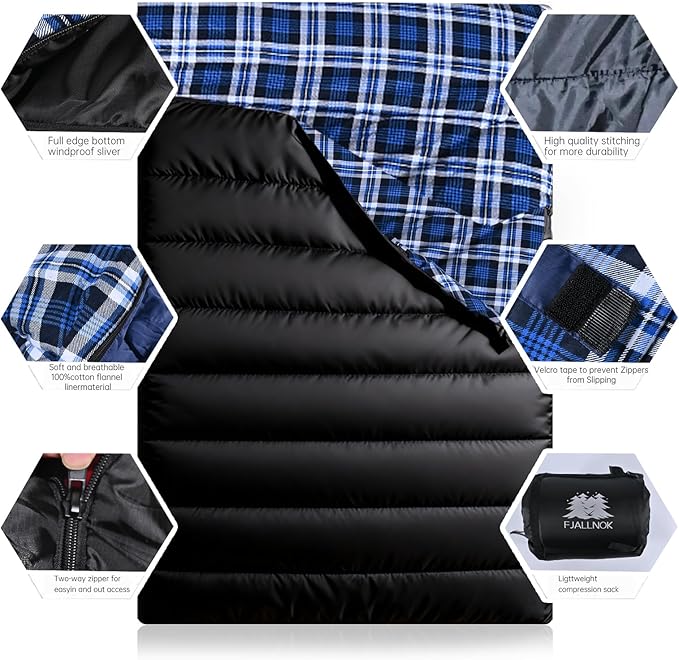 Double Sleeping Bag Cotton Flannel for Camping, Backpacking Or Hiking. Queen Size 2 Person Waterproof Sleeping Bag for Adults Or Teens. Lightweight with Compression Sack