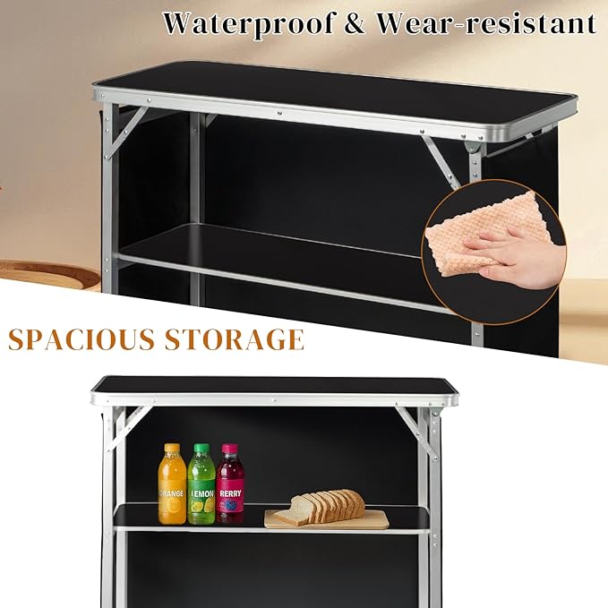 Outdoor Folding Camping Table Portable Bar Tables, Tradeshow Podium Table for Indoor, Outdoor, Party, Picnic, Exhibition, Includes Carrying Case, Storage Shelf and Black Skirt (Black)