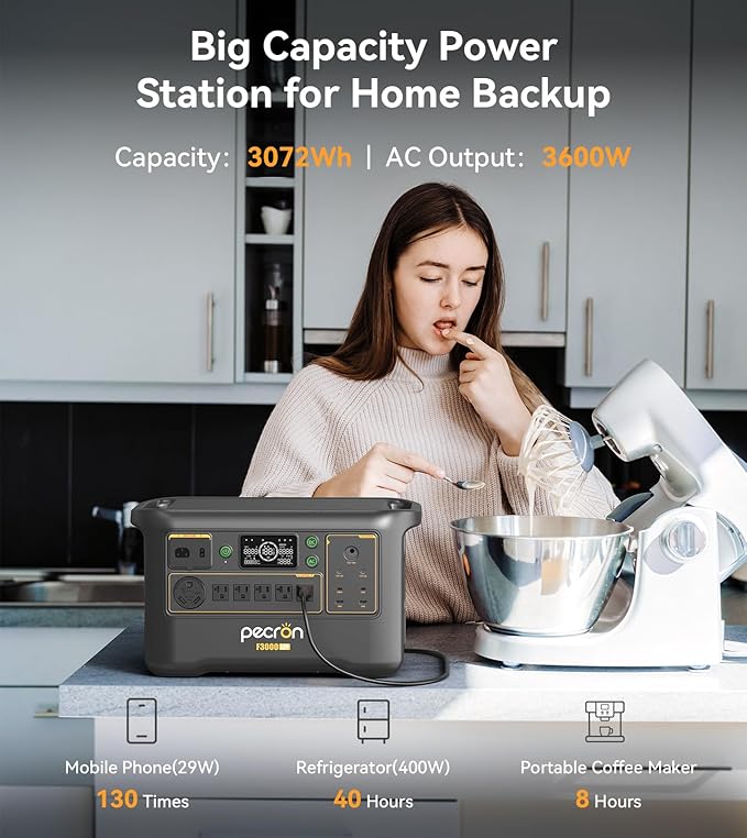 Pecron Portable Power Station F3000LFP with 3840Wh EP3800-48V Extra Battery, 3072Wh Solar Camping Generator, 3600W Solar Generator for RV, Home Use, CPAP (Total 6912Wh Generator Kit)