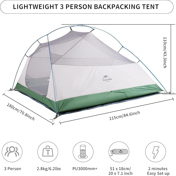 Naturehike Cloud Up 3 Person Backpacking Tent with Footprint - 3 Season Free Standing Lightweight 3 Person Camping Tent | with Footprint, Free Standing, Dome, Camping, Hiking, Waterproof