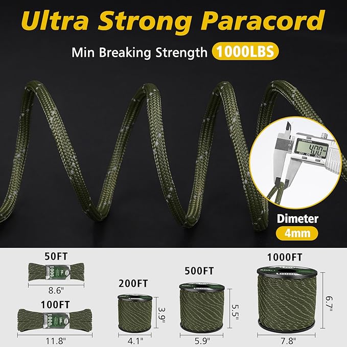 X XBEN Paracord Reflective 1000lb, 50/100/200/500/1000ft 4mm, 13 Strand Paracord Rope, Tactical Parachute Cord for Camping, Fishing, Clothesline, Hammock, Tent & Survival Bracelet, Army Green