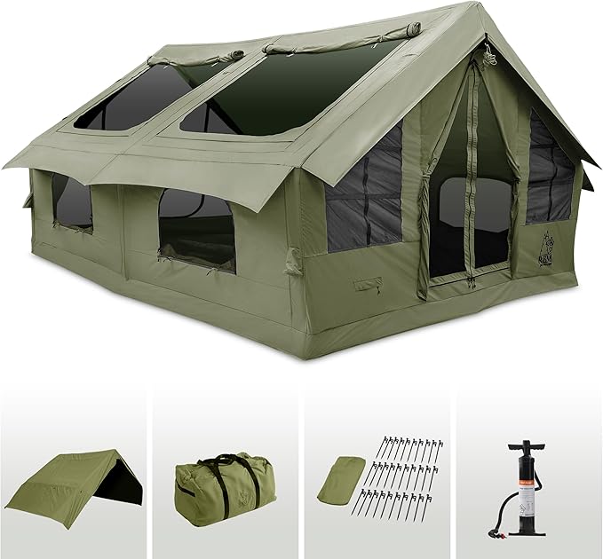 Inflatable Canvas Camping Tents with Stove Jack – Air Beam Blow Up Family Camping Tent for 2–6 People, Fast Setup Shelter with Hand Pump