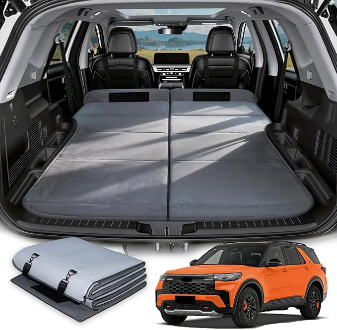 Car Bed for Ford Explorer, Foldable Non-Inflatable Memory Foam Camping Mattress, Thickened Portable SUV Trunk Sleeping Pad, Air Mattress Upgrade for Camping & Travel Essentials, With Storage Bag, Gray