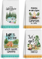 4Pcs Camping Kitchen Towels White Absorbent Dishcloth Bonfire Tent Car Tea Towels 24 x 14 Inches with Funny Sayings Novelty Gifts for Campers Happy Camper Camping Accessories for Rv Campers