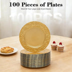 100 Pcs Gold Charger Plates Bulk, 13 Inch Round Charger Plate Set, Plastic Embossed Dinner Chargers Floral Plates for Wedding, Christmas, Party, Event, Decoration (Gold)