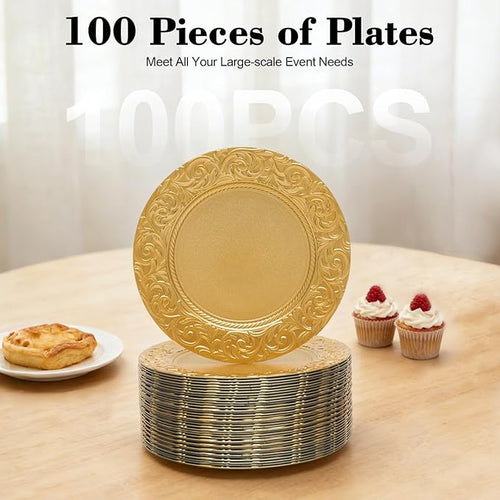 100 Pcs Gold Charger Plates Bulk, 13 Inch Round Charger Plate Set, Plastic Embossed Dinner Chargers Floral Plates for Wedding, Christmas, Party, Event, Decoration (Gold)