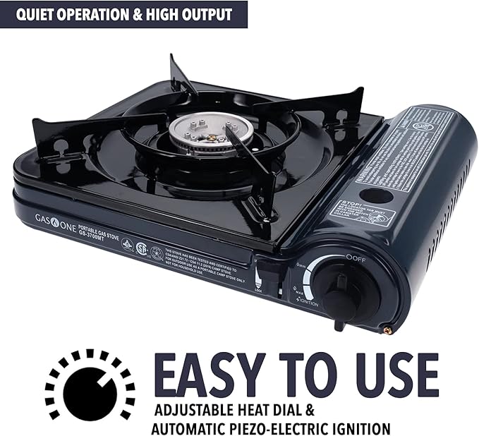 Gas One 10,000 BTU Portable Butane Gas Stove with 4 Pack Fuel and Carrying Case - Midnight