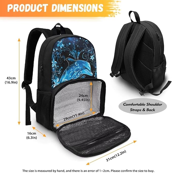 School Backpack with Multi Pockets, Lightweight Insulated Cooler Backpack Lunch Box, Casual School Work Nurse Hiking Outdoor Daypack Meal Bag, Blue Dolphin Floral