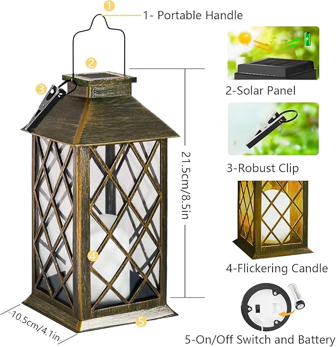 Solar Lanterns Outdoor Waterproof, 2 Pack Glass Hanging Solar Lights with Flickering Flameless Candle, Outdoor Lanterns for Patio Wall Porch Table Garden Yard Tree, Gift for Women Mom - Bronze