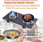 Hothit Portable 2 Burner Propane Stove Gas Cooktop, 28600 BTU Tempered Glass Auto Ignition for Outdoor Kitchen, Camping, RV, Small Apartment