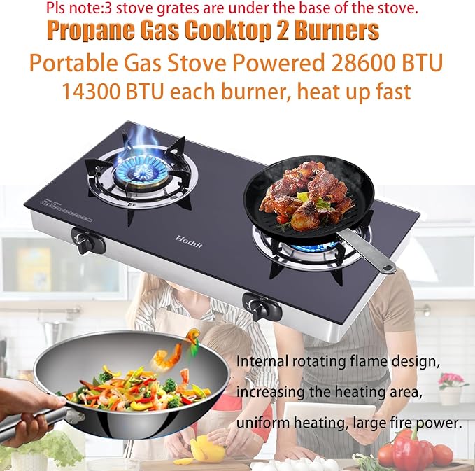 Hothit Portable 2 Burner Propane Stove Gas Cooktop, 28600 BTU Tempered Glass Auto Ignition for Outdoor Kitchen, Camping, RV, Small Apartment
