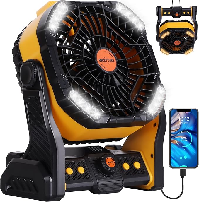 20000mAh Camping Fan with LED Lantern USB Tpye C Rechargeable Battery Operated Outdoor Tent Fan with Light & Hook, 270° Pivot 4 Speeds, Personal USB Desk Fan for Camping Yellow X26A